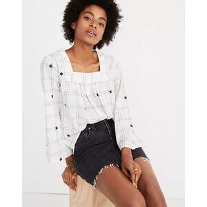 Madewell Milkmaid Renaissance-Style Check Embroidered Cotton Shirt Medium White
